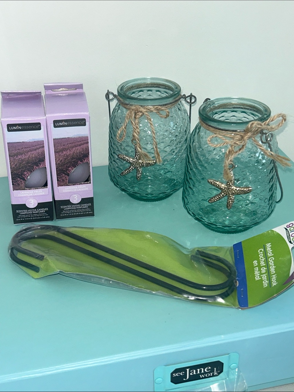 Aqua Glass Starfish Lantern Set with Lavender Candles & Metal Garden Hooks New - Picture 2 of 6
